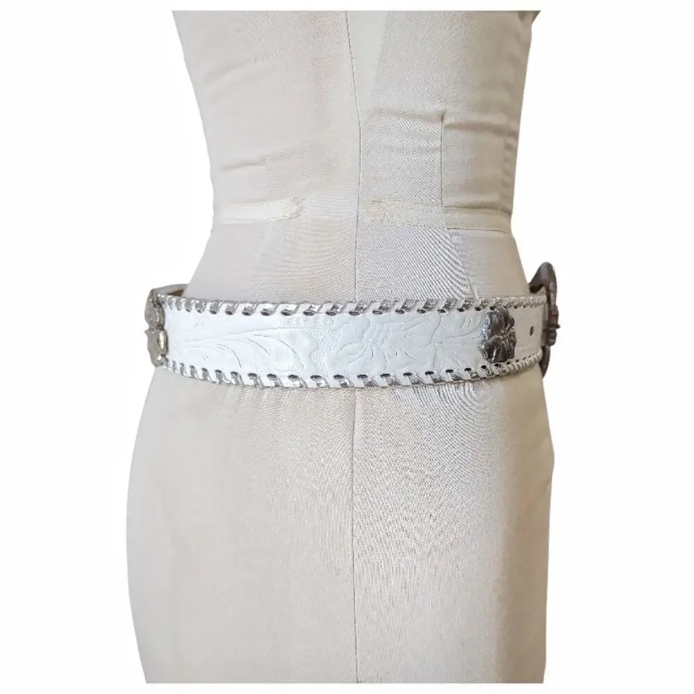 Western Tooled Leather Belt Size L Metallic Silver Braid with Flower Hardware
